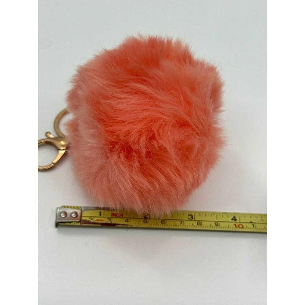 Faux Fur Pom Pom Keychain Coral Pink Peach Gold Tone Bag Charm Accessory